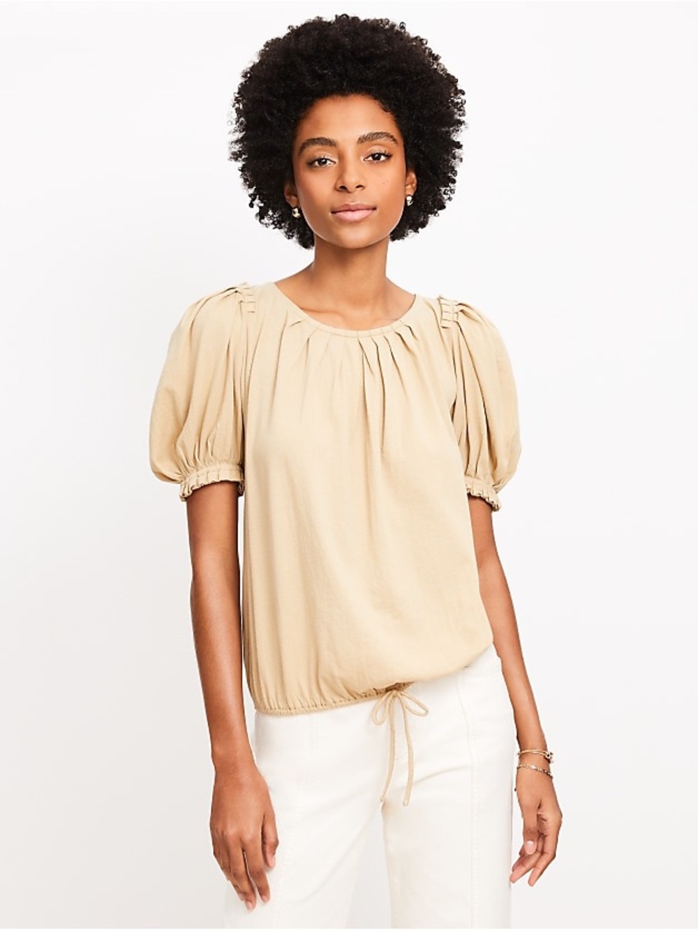 LOFT Pleated Puff-Sleeve Drawstring Hem Top in Beige NWT